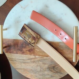 Vintage Escada Belt Tan Leather Tortoiseshell Wood Mosaic Buckle Size M/L (36)